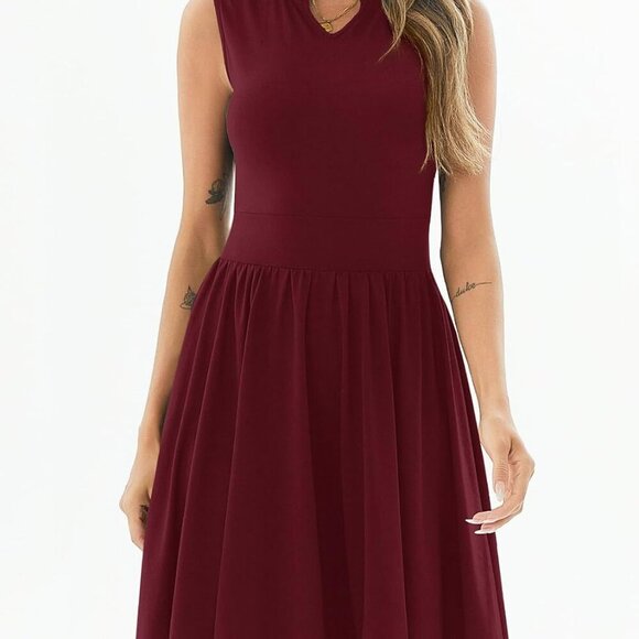 Women's V Neck Sleeveless Summer Dress Pleated Boho Midi Swing Casual - Picture 2 of 5